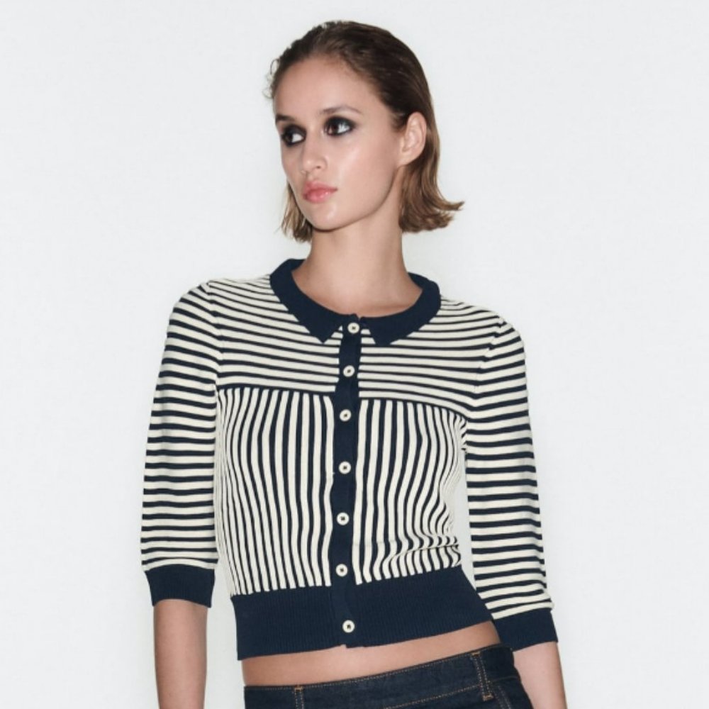 ZARA Striped Knit Top Navy and White Size S